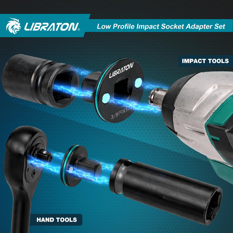 LIBRATON Low Profile Impact Socket Adapter Set, 5pc Magnetic Drive Converter Kit for Tight Space (1/4" to 3/8", 3/8" to 1/2", 1/2" to 3/4", 3/4" to 1", & 1/4" Hex Adapter) for Impact Wrench and Drill 5PCS