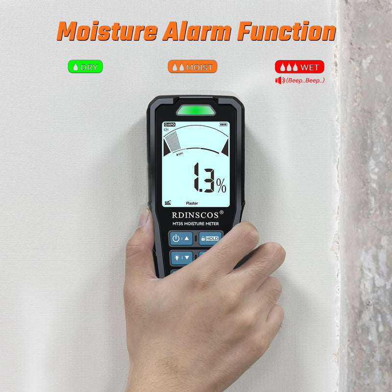 RDINSCOS Rechargeable Pinless Moisture Meter for Drywall | 19mm Depth,Non-Destructive Moisture Tester,Auto Alarm for Wood, Wall, Flooring & Building Materials, Home DIY Inspection MT35
