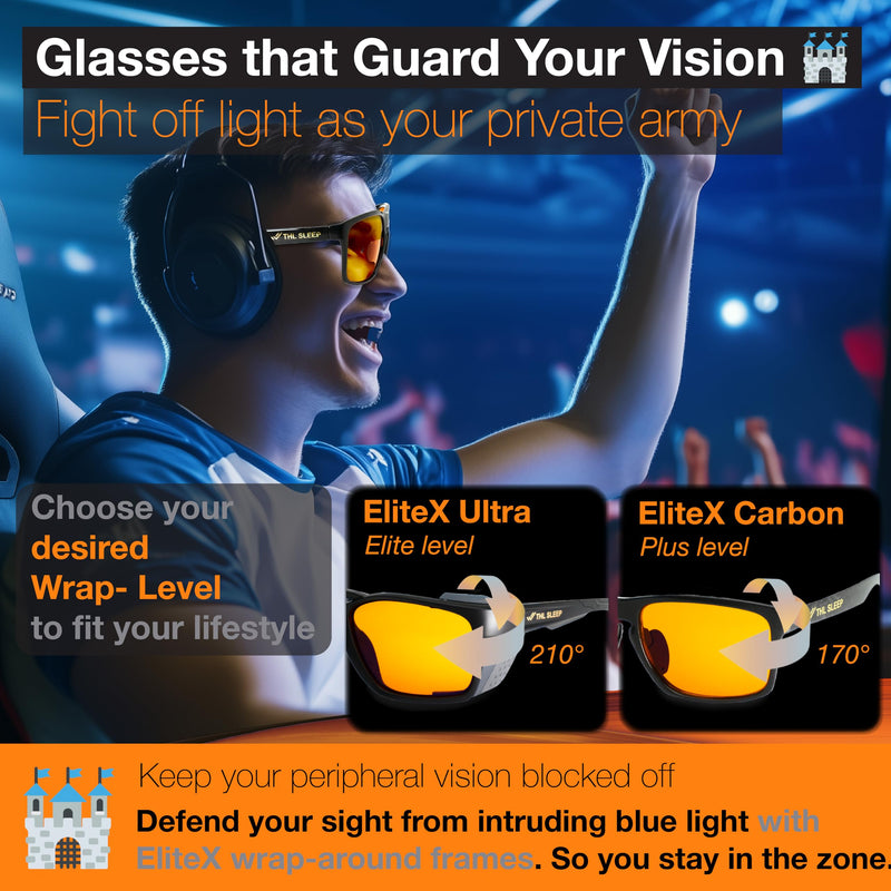 Carbon Reinforced Nylon Blue Light Blocking Glasses for Better Sleep - Orange Computer Migraine Glasses for TV Smartphone - EliteX Carbon Amber Nighttime Gaming Gamer Glasses for Screen Eye Strain