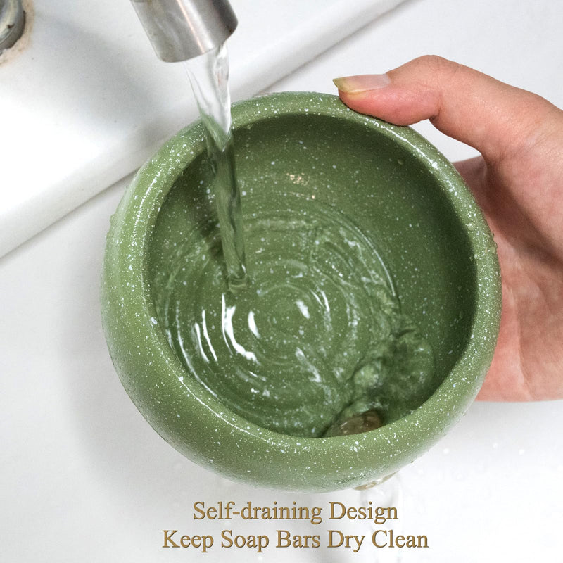 Self Draining Soap Dish and Soap Holder with Drain Spout for Sink, Shower, Bathroom, and Kitchen - Compact Resin Sponge Holder and Organizer, Keep Dry and Easy Cleaning Design, Green Rustic Green
