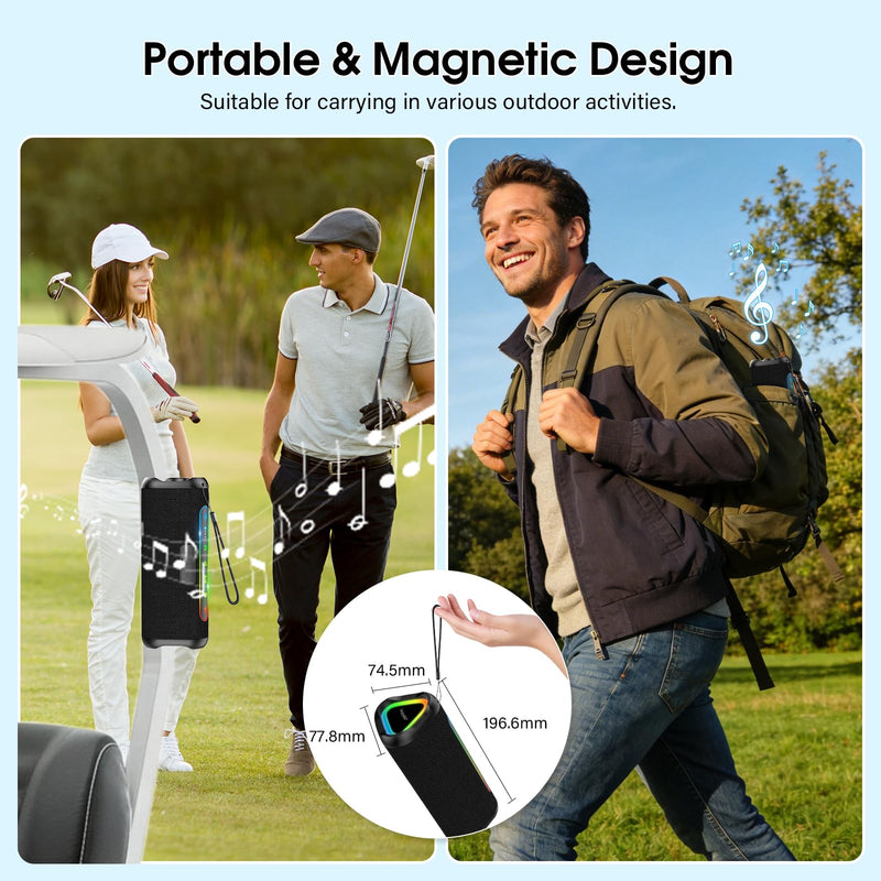 Hupoaf Magnetic Bluetooth Speaker for Golf Cart, Portable Speakers Outdoor | 24H Playtime, IPX7 Waterproof, Wireless Speakers with Strong Magnet, Loud Stereo Sound, Golf Gifts (Supports TWS & SD Card) Black