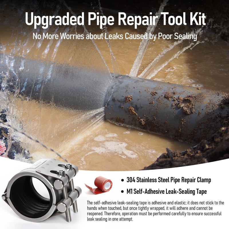Upgraded Pipe Repair Clamp with M1 Self-Adhesive Leak-Sealing Tape | 304 Stainless Steel Rust-Proof Emergency Pipe Repair Kit for Plastic & Metal Pipes, 1-1/2"(47-51mm) 1-1/2"(47-51mm)