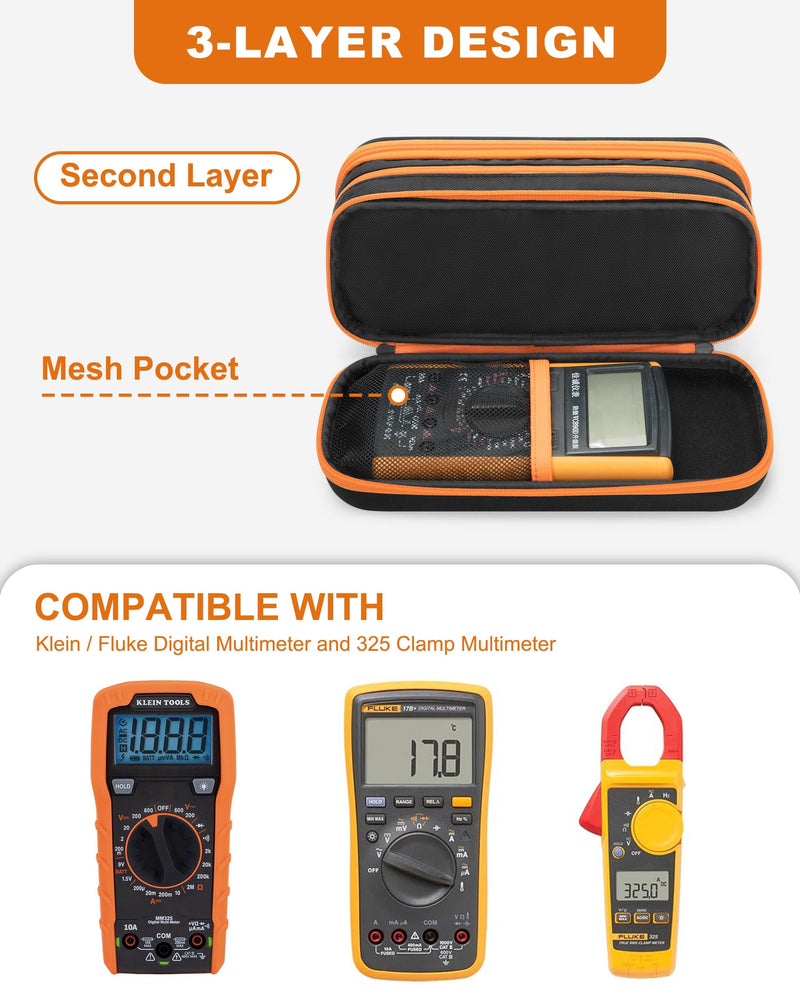 Hard Tool Carrying Case Compatible with Klein Tools 80101/ET310 AC Circuit Breaker Finder, Fluke Digital Multimeter/325 Clamp Multimeter, Electric Tester Bag with Zipper, Black (Empty Bag)