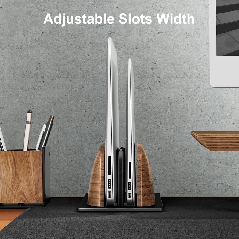 UPERGO Vertical Laptop Stand, Dual Slot Wooden Laptop Holder Vertical for Desk, Width Adjustable Dock for MacBook Pro and Other Laptops Black Walnut