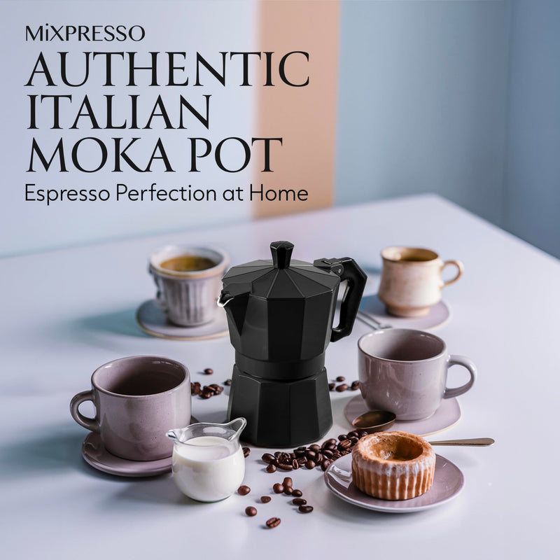 Mixpresso Black 3 Cup Moka Pot Cuban Coffee Maker, Moka Pot for Gas, Electric Stove Top, Classic Italian Coffee Maker, Stovetop Espresso Maker, Camping Pot Makes 3 Espresso Cup 5 Oz 3 Cups Black 3 Espresso Cups
