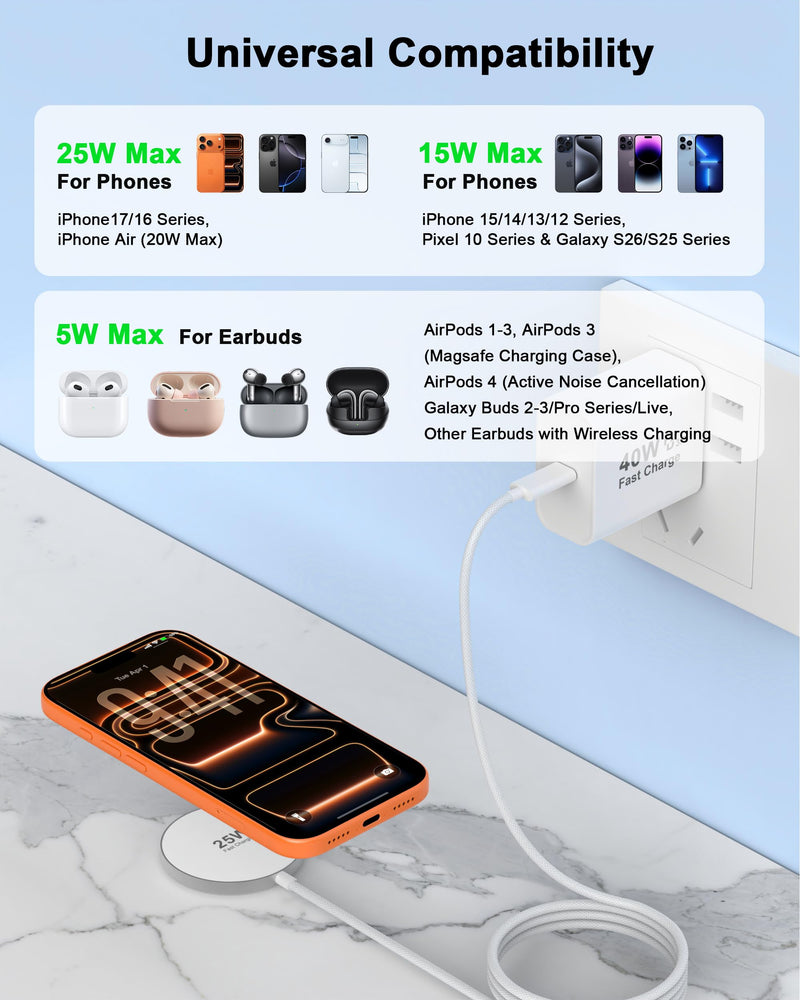 [Apple MFi Certified] 25W Magnetic Wireless Charger Apple Mag Safe Charger | 40W USB C Charger Block & 25W Mag-Safe Wireless Fast Charging Pad, for iPhone 17 16 15 14 13 12 Pro Max/AirPods 4/3/2/Pro White