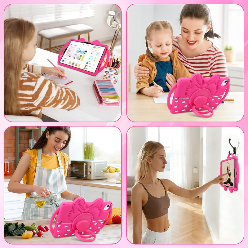 JAKPAK Kids Case for iPad Air 11-inch M4 M3 M2/Air 5th 4th Gen/Pro 11” | 360° Rotating Kickstand, Double Handle, Soft Silicone Shockproof Tablet Case, Cute Bow Heart iPad 11 Cover, Kids Friendly Hot Pink for iPad Air 11inch /Air 5th 4th