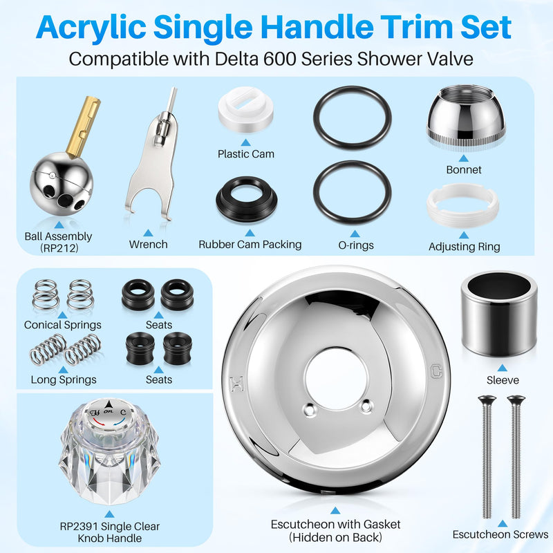 Shower Handle Renovation Repair Trim Kit Compatible with Delta RP54870, Single Function Tub Trim Kit Compatible with Delta 600 Series Shower Valve, Acrylic Handle(Chrome) Chrome