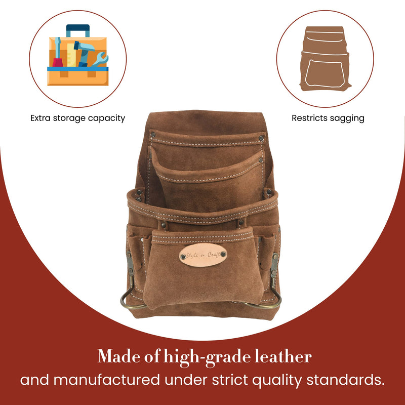 Style n Craft 10-Pocket Carpenter’s Nail and Tool Pouch, Heavy-Duty Suede Leather Pouch, Dark Tan (88923) Dark Tan - Standard