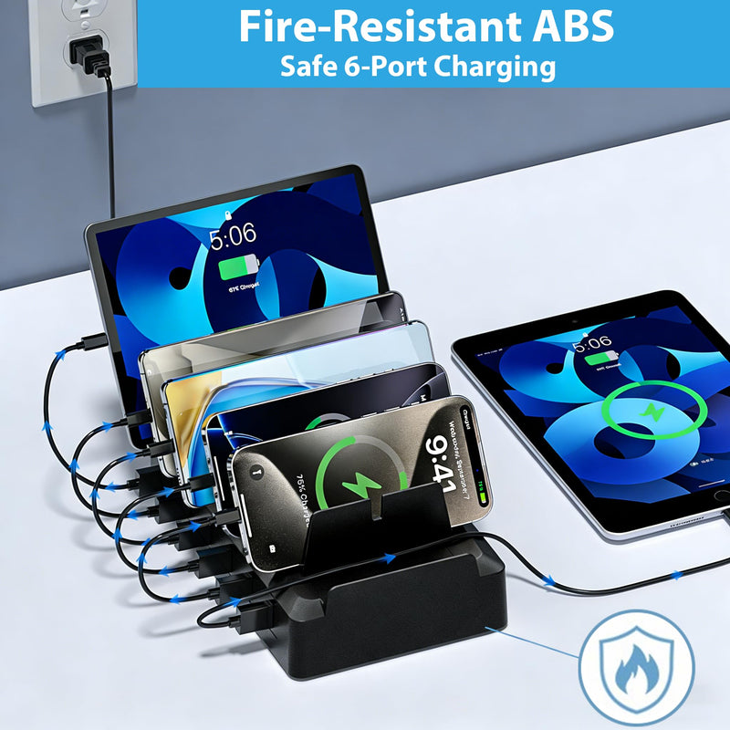 Charging Station for Multiple Devices, 6 Port USB Desktop Charger Dock Compatible with iPad, Samsung, Android, Tablet, Family Multi Phone Charging Organizer with Divider Holders, Fireproof ABS (Black) Black