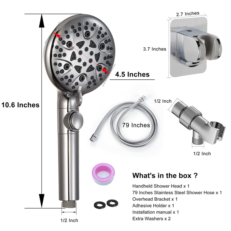 GwernKB Handheld Shower Head with On Off Switch 8-Mode High Pressure Showerhead with 79 Inches Extra-long Stainless Steel Hose and Bracket PLUS Extra Low-Reach Adhesive Wall Mount for Kids,Silver… Silver
