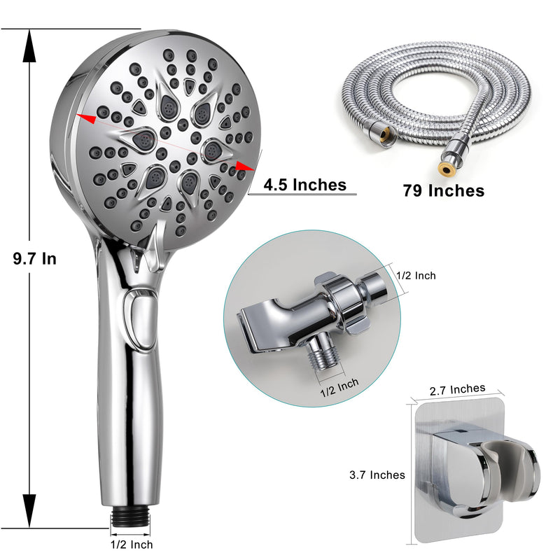 GwernKB Handheld Shower Head with on off Switch&Built-in Power Spray,7-Setting High Pressure Spray Shower Wand with 79in Long Hose&Bracket and Extra Adhesive Shower Holder for Lower Mount,Chrome Silver