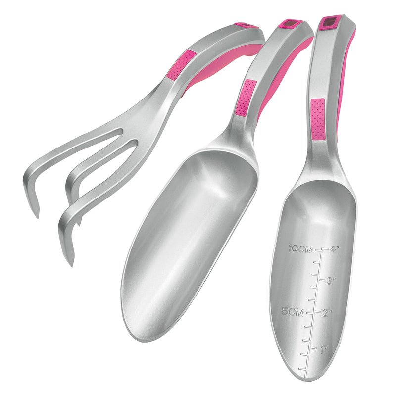 Garden Tool Set, 3PC Bend Proof Gardening Tool Kits (Soil Scooper, Garden Trowel, Cultivator Hand Rake), One-Piece Aluminum, Garden Gift Pink
