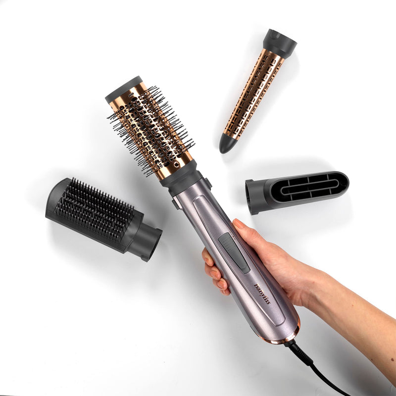 BaByliss Air Styler 1000W - All in One Hair Dryer Brush, Volumiser and Curler, Advanced Ionic Frizz-Control System, 4 Attachments, Copper/Grey, 2136U single