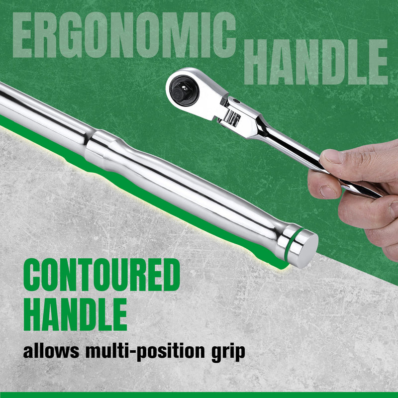 SK 1/4" Drive Flex Head Ratchet Handle, 90-Tooth Ratchet, Premium CR-V Construction, Reversible Design, with Contoured Handle