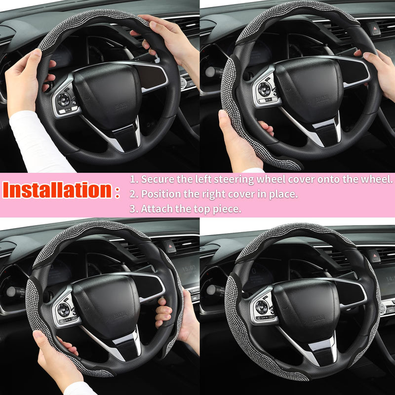 West Llama Diamond Bling Car Steering Wheel Cover with Crystal Rhinestones,3PCS Segmented Steering Wheel Protector,Universal for 99% Cars for Women(Black with White Diamond) 3 Pieces Black with White Diamond Rhinestones