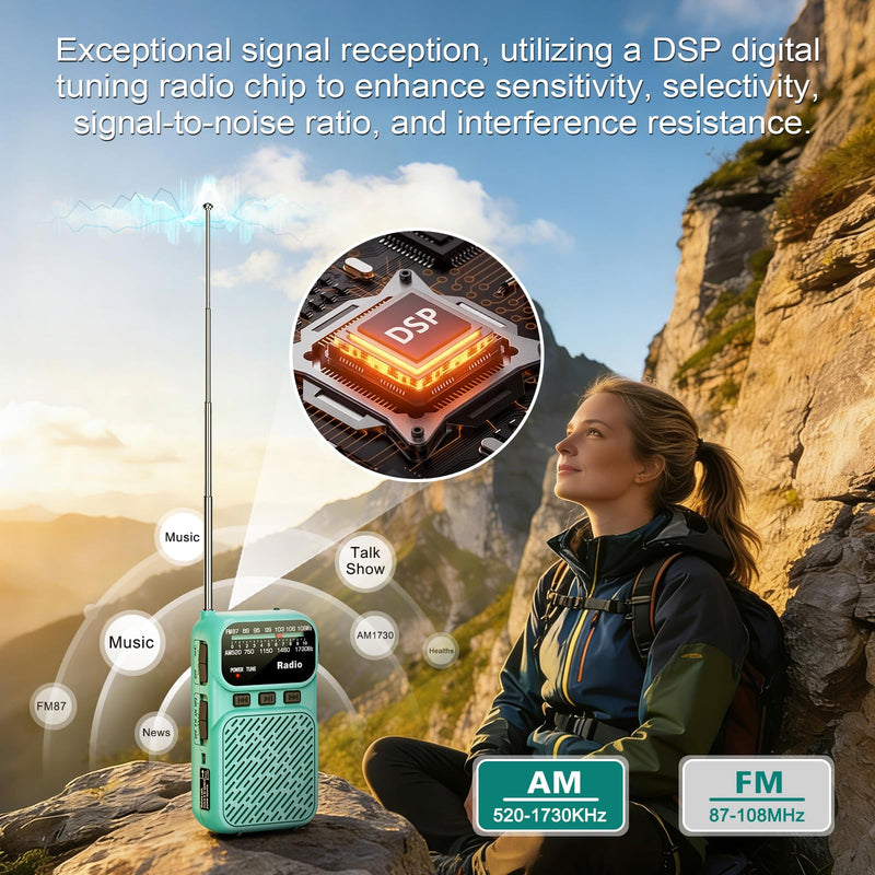 Goodes Portable Radio AM FM, Battery Operated Pocket Radio for Gift, Elder | Best Reception Transistor Small Radios, with Bluetooth/Flashlight/Headphone Jack, USB-C Rechargeable or 3AAA Battery Blue