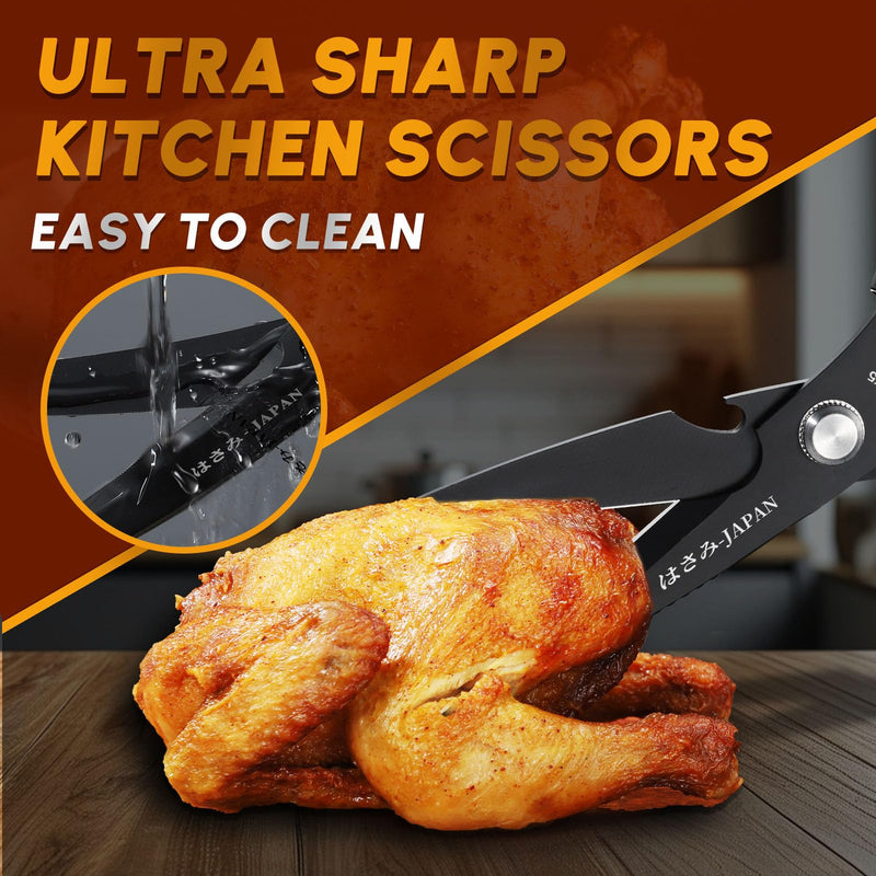 HUUSK Kitchen Scissors Set Black - Stainless Steel Kitchen Shears, Sharp Meat Scissors Dishwasher Safe, Heavy Duty Poultry Shears all Purpose, Japanese Cooking Scissor for Food, Chicken, and Turkey