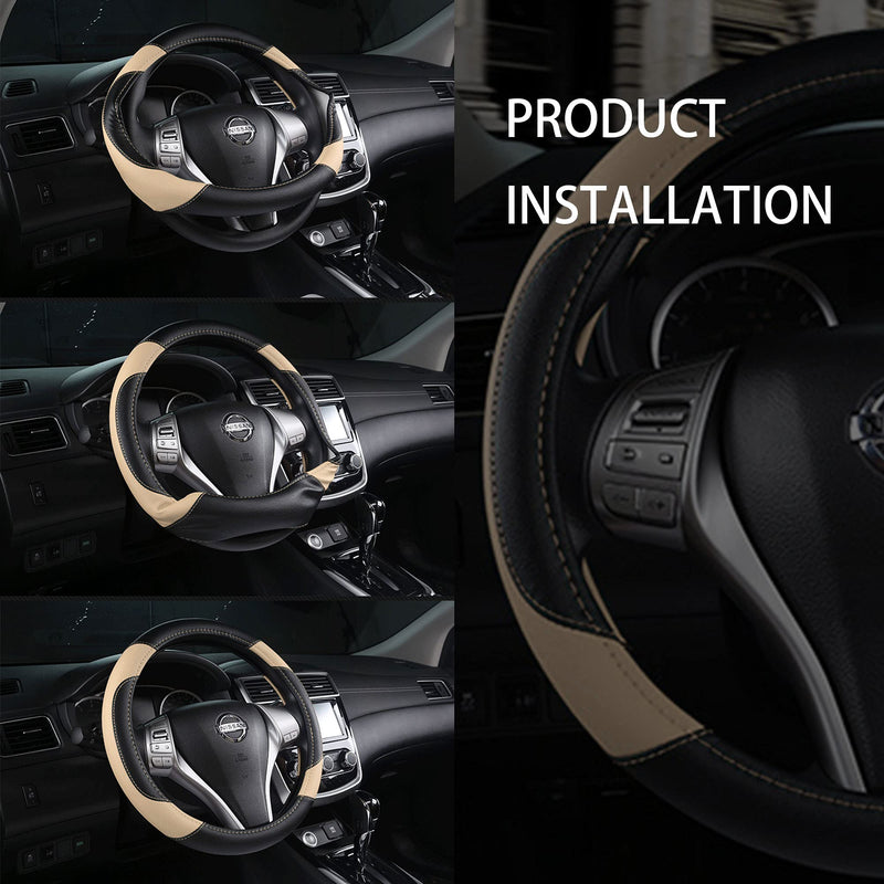 Leather Car Steering Wheel Cover, Non-Slip Car Wheel Cover Protector Breathable Microfiber Leather Universal Fit for Most Cars(Beige) Beige