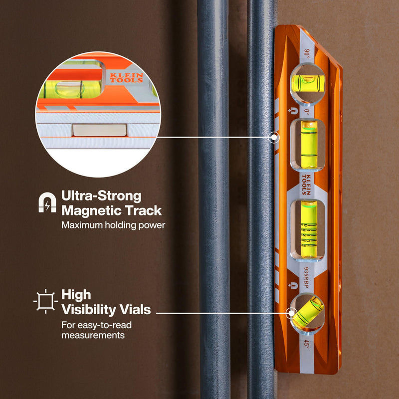 Klein Tools 935RBP 8-Inch Pitch Vial Torpedo Level with Magnetic Track, Vials Read 0/45/90 and Pitch in 1/8-Inch Increments, Level For Electricians, Construction, Plumbing, and Inspections