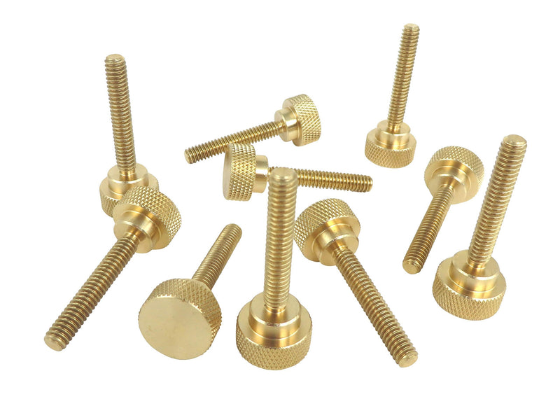 10 Pack 1/4-20 x 1-1/2 Inch Threads Solid Brass Diamond Knurled Thumb Screws Knobs with Straight Shoulders Right-Hand Threads SAE Flat Tip Uncoated (1/4-20 x 1-1/2 inch Long Threads)