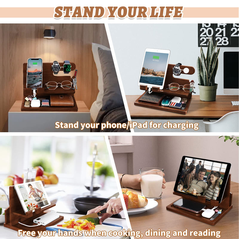 Wood Phone Docking Station - Nightstand Charging Organizer and Cell Phone Stand - Bedside Gift for Men Brown