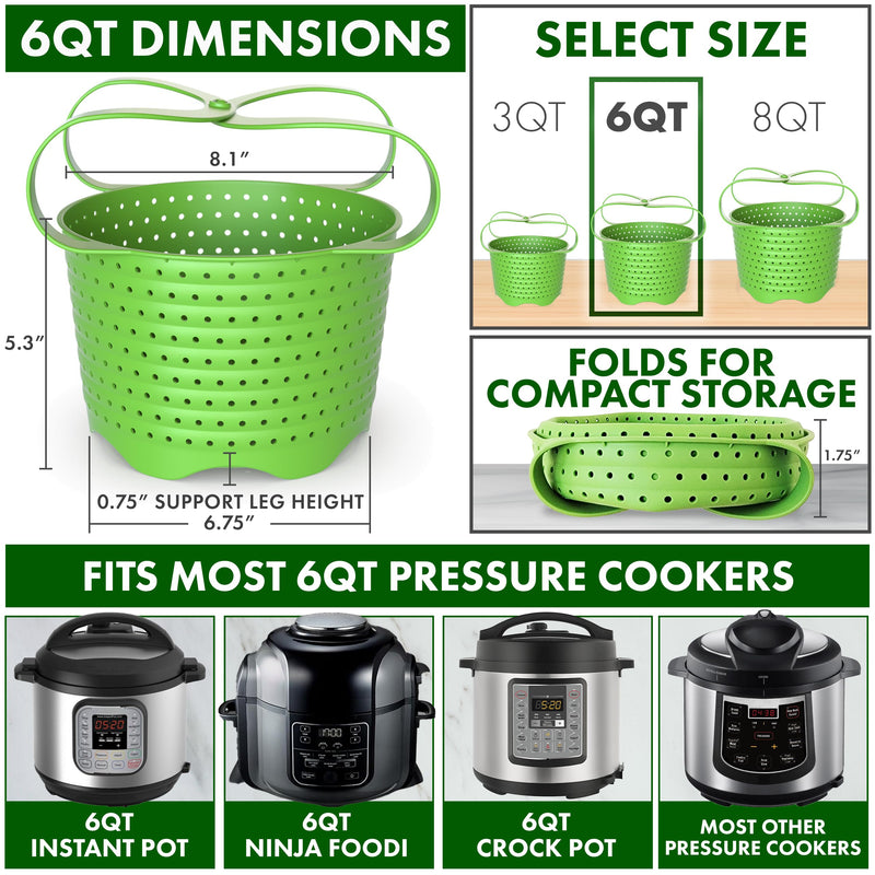 Avokado Silicone Steamer Basket for 6qt Instant Pot [3qt, 8qt avail], Other Pressure Cookers - 100% Food Safe, BPA-Free, Dishwasher Safe Collapsible Vegetable Steamer Basket & Strainer 6 QT Green