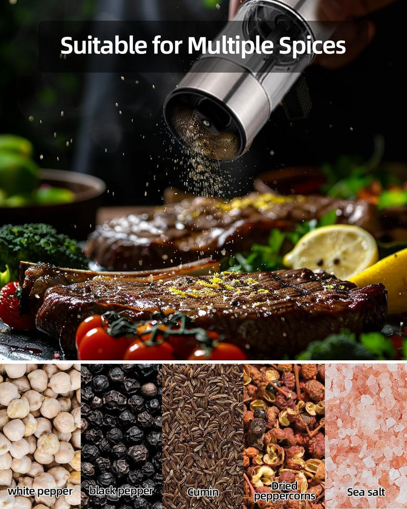 Electric Salt and Pepper Grinder Set, Pepper Mill With Adjustable Coarseness, 95ml Large Silo,Rechargeable Salt Pepper Shakers Steel Body with Ceramic Grinding Head, Brush, Visuable Window Led Light 2