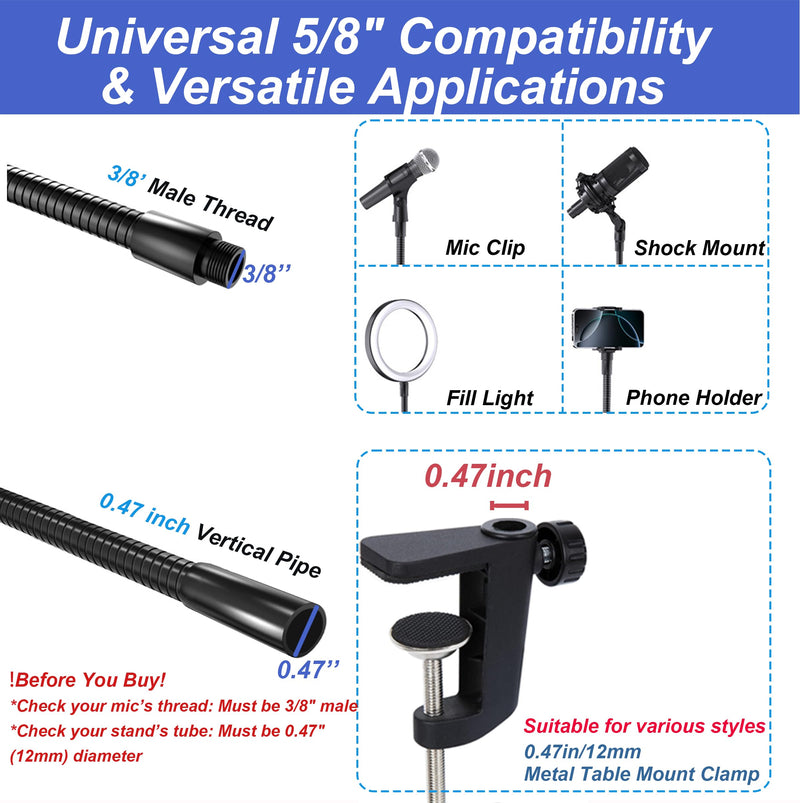 19" Gooseneck Arm, 3/8" Female to Male Metal Thread, 360° Microphone Flexible Arm, Gooseneck Tube Extension Holder, for Phone, Microphone Holder, Black