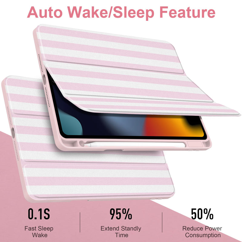 Case for iPad 9th / 8th / 7th Generation 10.2 inch, Pink Stripe | Cute Preppy Coastal Design Aesthetic Pink White Striped Trifold Cover with Soft TPU Bumper, Clear Back, Auto Sleep/Wake Pink white stripes