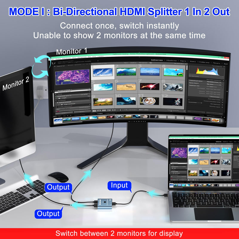 8K/16K Hdmi 2.1 Switcher 2 in 1 Out, Bidirectional Hdmi Splitter Support 4K@120HZ/240Hz 16K@30Hz/8K@60Hz DTS VRR HDR10+ Dolby, 48Gbps 2 Computers 1 Monitor Hdmi Switch for Switch PS5 Xbox Roku TV
