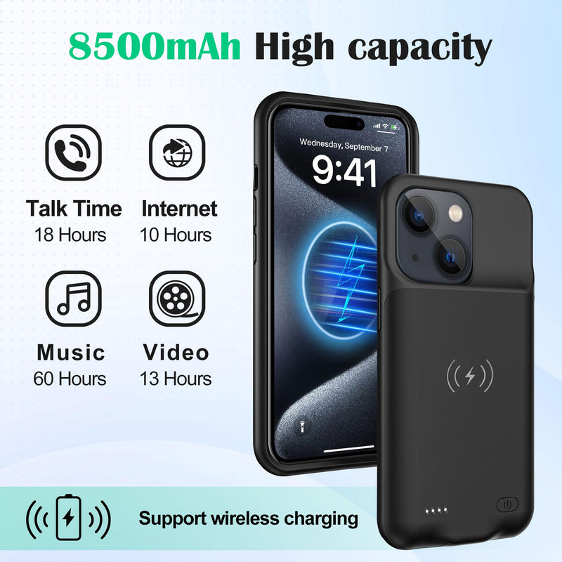 Battery Case Charger Made for iPhone 15 Pro Max, Type-C Ultra Slim Protective Charging Case, Wireless Slim 8500mAh Portable Rechargeable Charger - Black