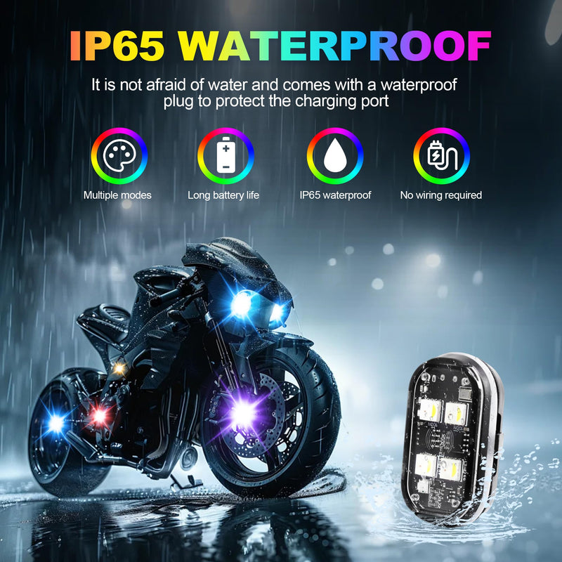 4-LED Wireless LED Strobe Lights with Remote Control, 4PCS High Brightness Wireless led Light 8 Color Waterproof Anti-Collision Warning Lights for Car Motorcycle Drone Truck Bike