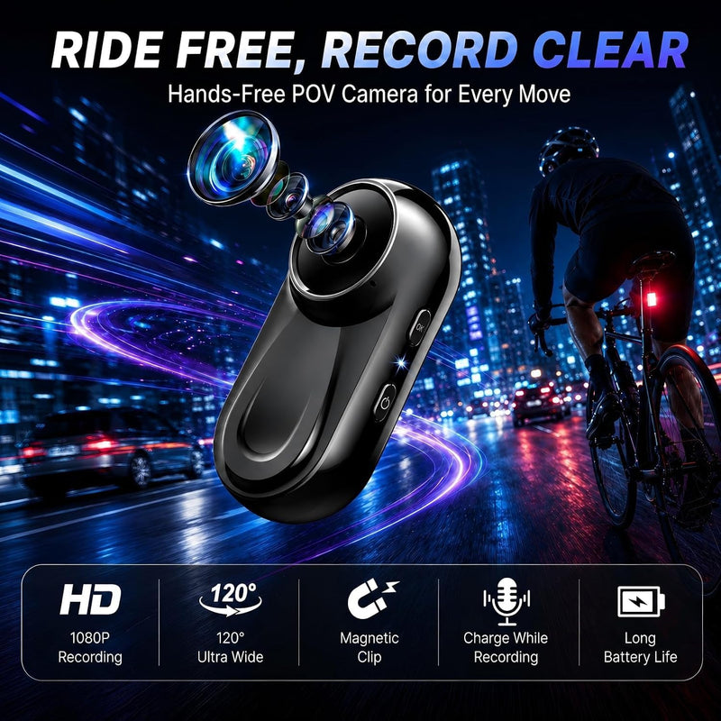 1080P Mini Body Camera with Audio and Display, Thumb Size Body Worn Camera, Wearable POV Video Recorder with 360° Rotating Clip & Magnetic Clip for Vlogging, Travel, Cycling, Pet Walking, No SD Card Black