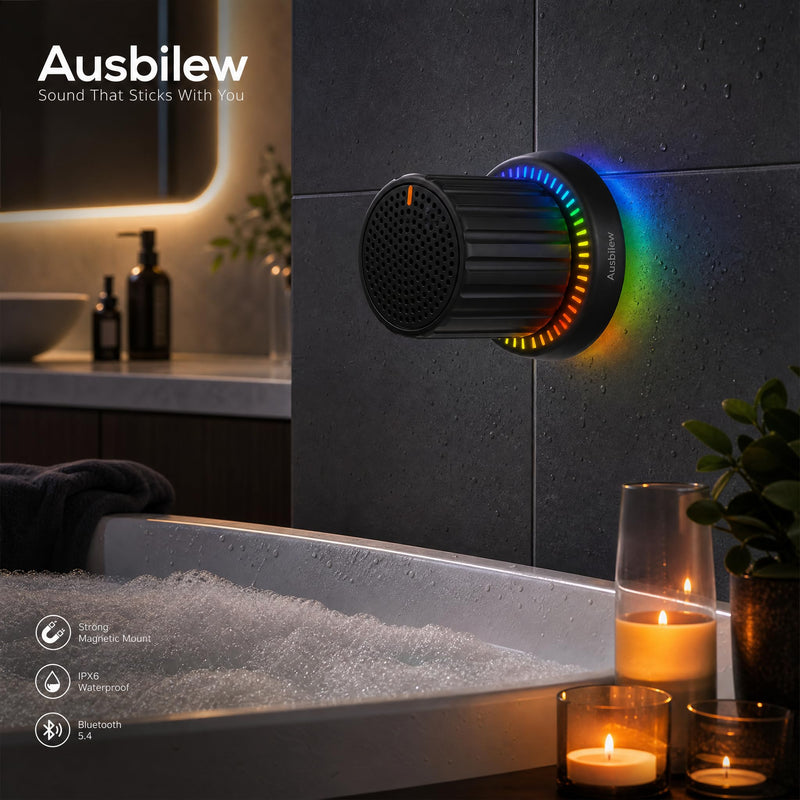Magnetic Shower Speaker with Smart Rotary Knob Control, Bluetooth 5.3 Waterproof Speaker with Suction Cup & Magnetic Mount, IPX7 Portable Speaker, RGB Lights, Deep Bass for Bathroom, Pool, Kitchen black out