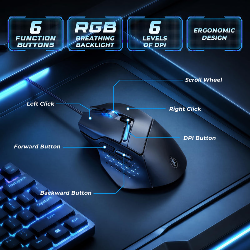 Uineer Wired Gaming Mouse, 7200 DPI, 6 Programmable Buttons, RGB Lighting | 6 programmable buttons, adjustable 7200 DPI, RGB lighting and quiet clicks for work or gaming.