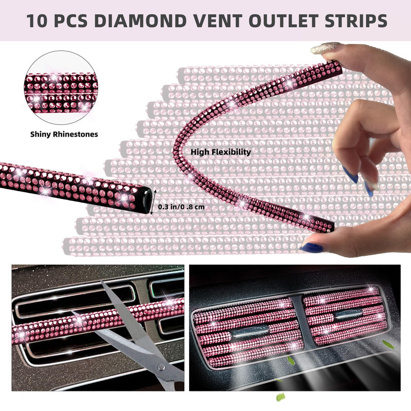 NBTEPEM 30 Pcs Pink Bling Car Accessories Set for Women, Pink Steering Wheel Cover Set, Bling Console Cover, Seat Belt Cushion, Shift Knob Cushion, Cup Coaster, Rhinestone Car Hanging Accessories Pink Diamond