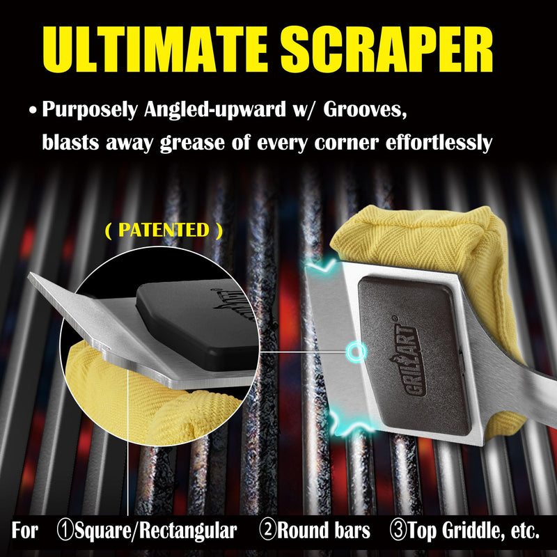 GRILLART Grill Brush for Outdoor Grill Bristle Free - Reinforced Grill Cleaner Scraper BBQ Brush - Replaceable Head Barbecue Grill Cleaning Brush - Safe BBQ Accessories Grill Tools - Gifts for Men/Dad Black