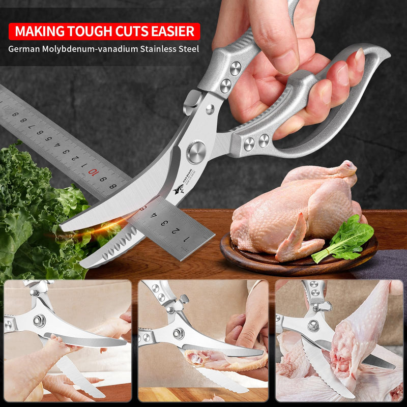 MAD SHARK Heavy Duty Poultry Shears, Kitchen Shears with Non-Slip Handle & Safety Lock, All Purpose Kitchen Scissors for Chicken, Meat Cutting, Turkey, Fish, Vegetables, Spring Loaded, Dishwasher Safe Silver