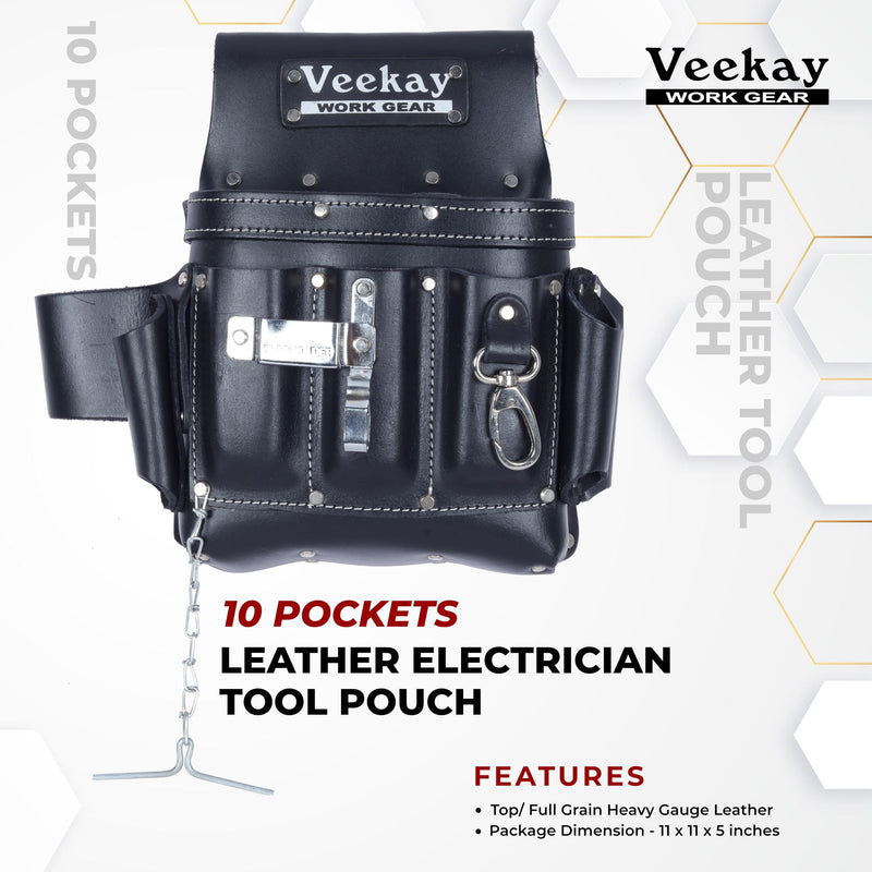 VEEKAY Electrician's Leather Tool Pouch – 10 Pocket Full Grain Leather Organizer for Electricians, Carpenters & Construction Workers – Durable, Heavy-Duty Utility Pouch (Brown/Black) Black