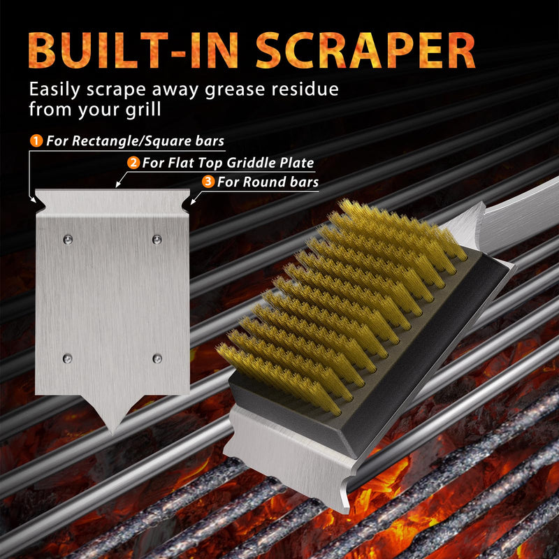 ENLOY Grill Brush and Scraper for Barbecue, 17" Grill Brush for Outdoor Grill, Extended Rosewood Handle and 2 Replaceable Copper Wire Brush Heads, Grill Cleaning Brush Grill Accessories for Most Grill Grill Brush & Scraper