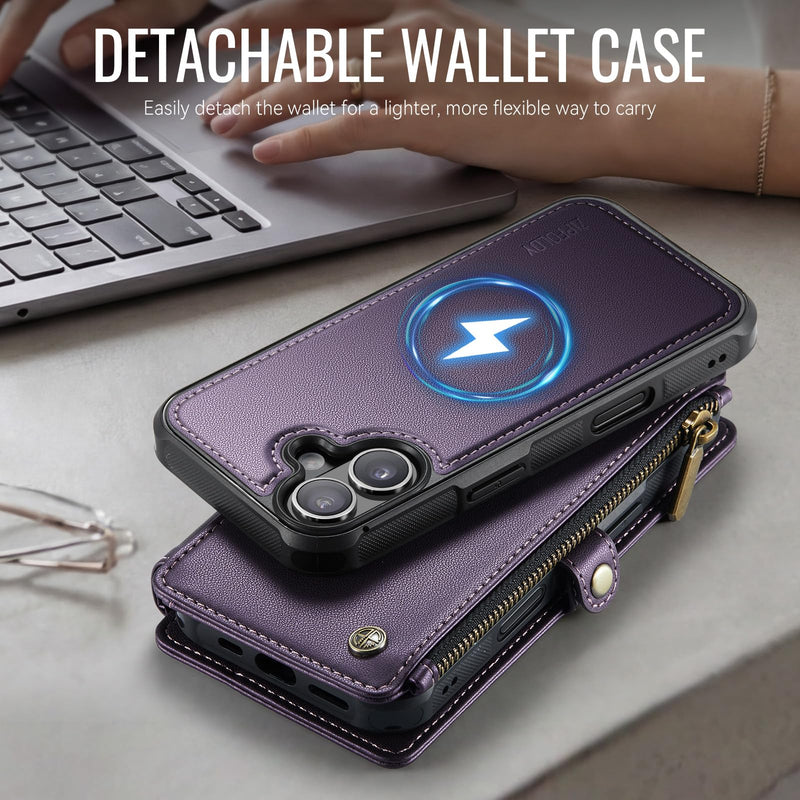 for iPhone 16 Plus - Phone Case Wallet Magnetic Detachable, Purple | Compatible with Magsafe, RFID Blocking Card Holder, Zipper Pocket, Wristlet, Durable PU Leather, Magnet Flip, for Women Men Deep Purple
