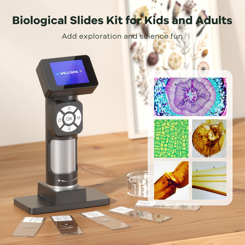 JL112 Handheld Microscope for Kids Adults, Portable Digital Microscope with 2" LCD Screen, 1080P USB Pocket Microscope Camera with 8 LED Lights, PC View, Microscope Slide Kit, 32GB