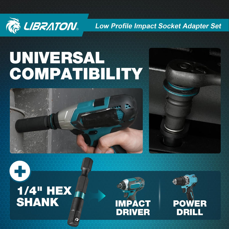 LIBRATON Low Profile Impact Socket Adapter Set, 5pc Magnetic Drive Converter Kit for Tight Space (1/4" to 3/8", 3/8" to 1/2", 1/2" to 3/4", 3/4" to 1", & 1/4" Hex Adapter) for Impact Wrench and Drill 5PCS