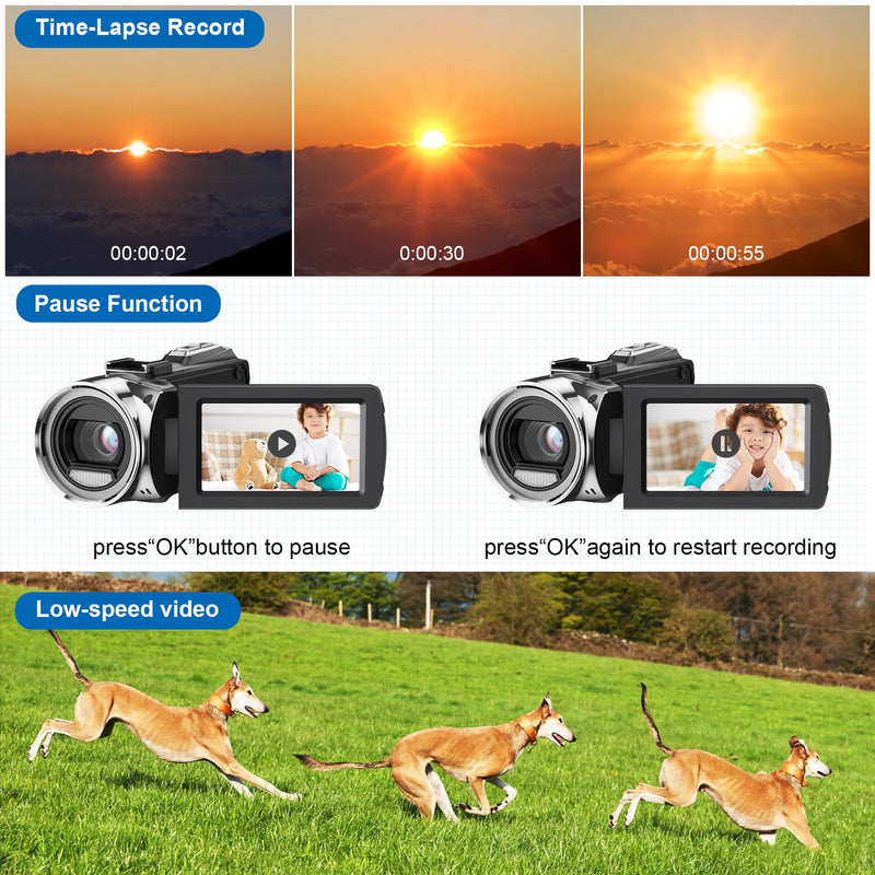 Video Camera Camcorder Digital Camera Recorder for YouTube Full HD 1080P 30FPS 36MP 3.0" 270゜Rotation LCD Video Cameras for Filming with Microphone,32GB SD Card, 2 Batteries for Kids Students Elderly