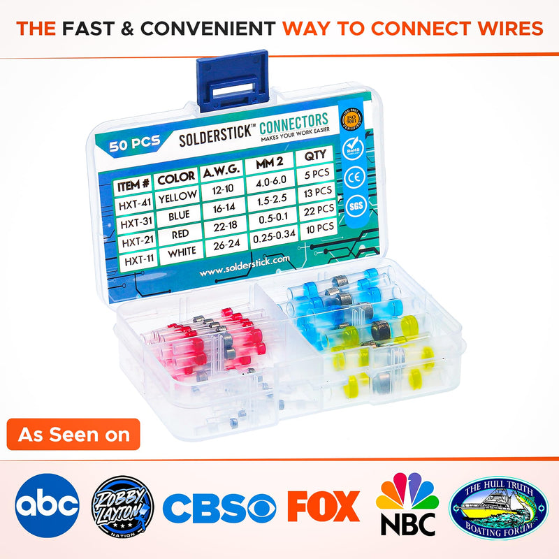 50 Pieces Waterproof Solder Seal Wire Connectors Kit, Electrical Insulated Wire Splice Heat Shrink Wire Connectors with 4 Gauges - 12-10, 16-14, 22-18, 26-24 AWG 50