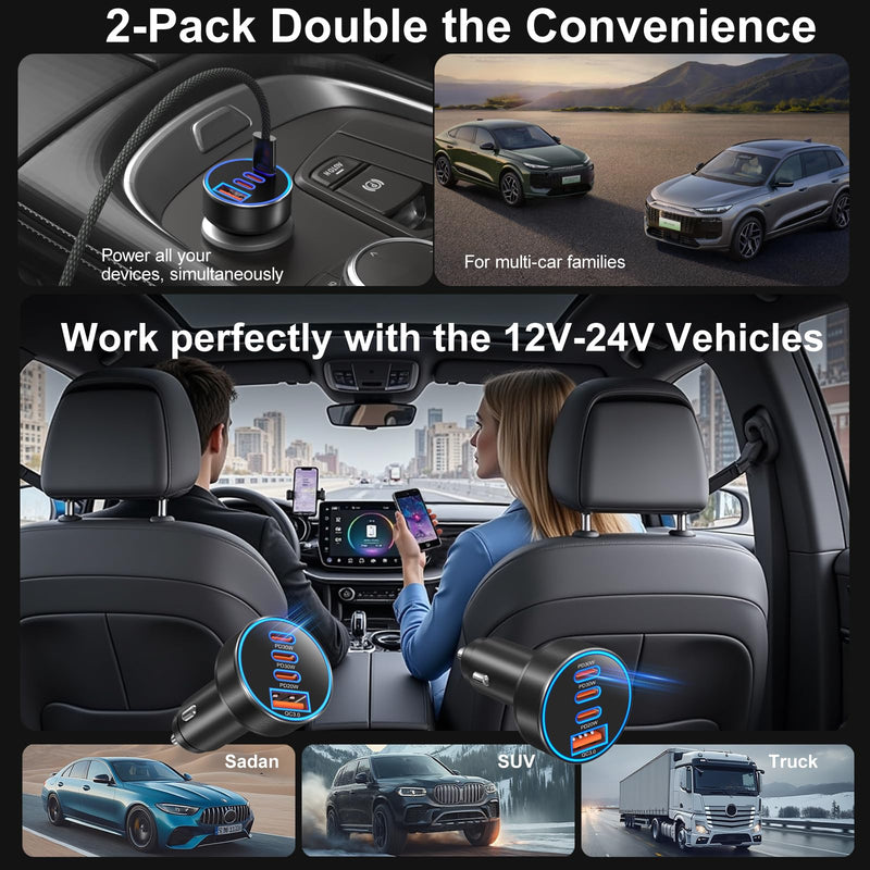 98W 4-Port USB C Fast Car Charger, 2 Pack Type C Cigarette Lighter Adapter | 4 in 1 Fast Car Phone Charger, Dual PD30W &PD 20W & QC 3.0 Cell Phone Car Charger Fast Charging for iPhone 17 16,iPad,Galaxy Black
