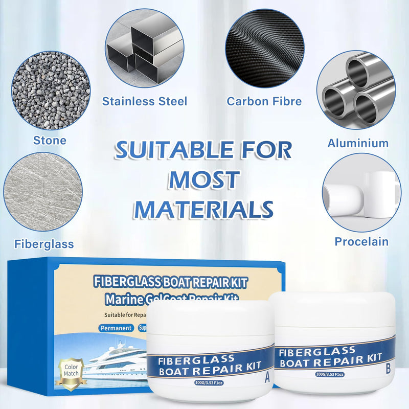 Marine Fiberglass Repair Kit for Boats, 200g/7.06oz Gel Coat Kepair kit for Boats, Epoxy Filler for Repairs Cracks, Scratches, Debris, Holes, Gaps, Suitable for Fiberglass, Acrylic, Porcelain