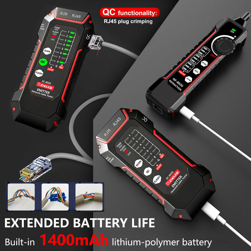 Network Cable Tester, RJ45/RJ11 Wire Tracer and Line Finder, Tone Generator Ethernet Cable Tester, Cable Tracer for LAN/POE /Cat5/Cat6 Networks, Cable Verification and Telephone Line Testing ZC-802G