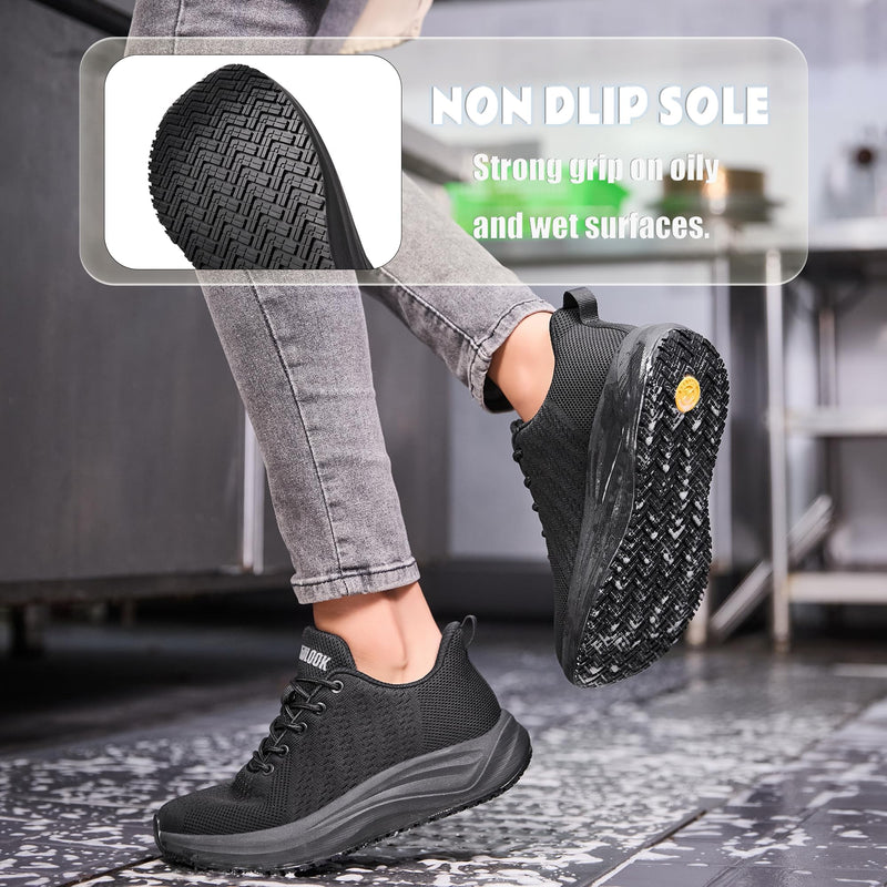 Women's Non Slip Work Shoes Slip Resistant Nurse Sneakers with Arch Fit Support Comfortable Mesh Walking Shoes for Food Service Chef Kitchen Restaurant 8 Black